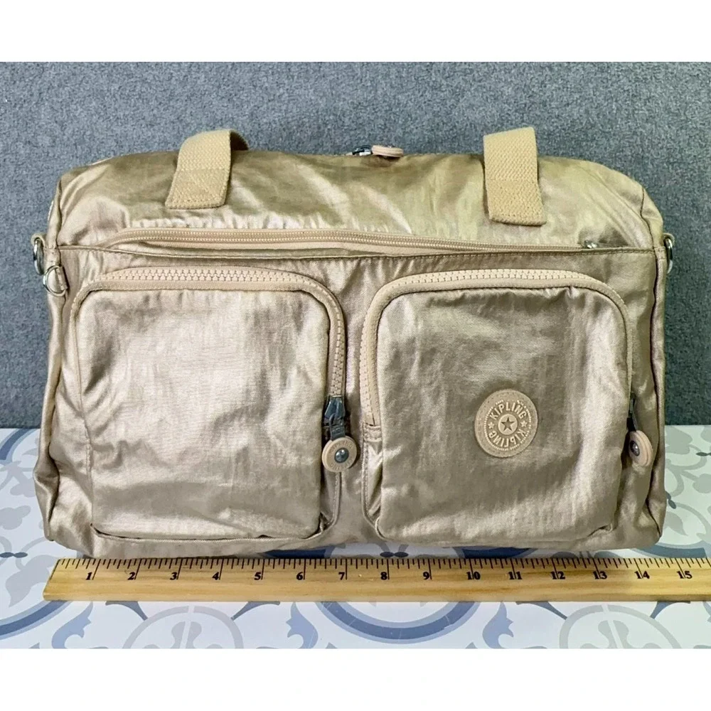 Kipling Metallic Gold Defea Handbag Nylon Tote Shoulder Bag‎ Multiple Pockets